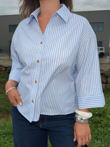 Jeta Ari 宽松休闲商务简约条纹七分袖女式衬衫 - 藍色 - 查看 3