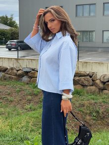 Jeta Ari 宽松休闲商务简约条纹七分袖女式衬衫 - 藍色 - 查看 5