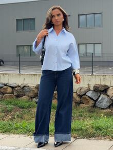 Jeta Ari 宽松休闲商务简约条纹七分袖女式衬衫 - 藍色 - 查看 6