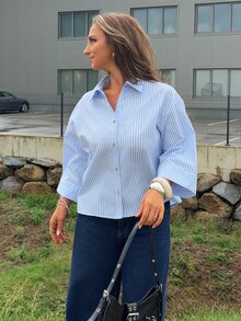 Jeta Ari 宽松休闲商务简约条纹七分袖女式衬衫 - 藍色 - 查看 4