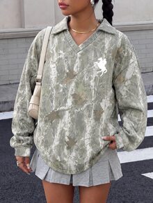 Muchica 女款復古迷彩與枯枝印花圖案 Polo 領長袖寬鬆衛衣，附小馬 Logo，厚實面料，適合秋冬，學院風，返校穿搭 - 彩色 - 查看 3