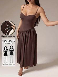 SHEIN PETITE 女款時尚百搭百褶性感優雅細肩帶洋裝，適合海灘派對與約會，深棕色夏季款 - 棕色 - 查看 12