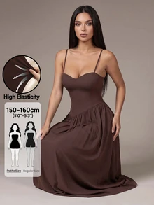 SHEIN PETITE 女款時尚百搭百褶性感優雅細肩帶洋裝，適合海灘派對與約會，深棕色夏季款 - 棕色 - 查看 11