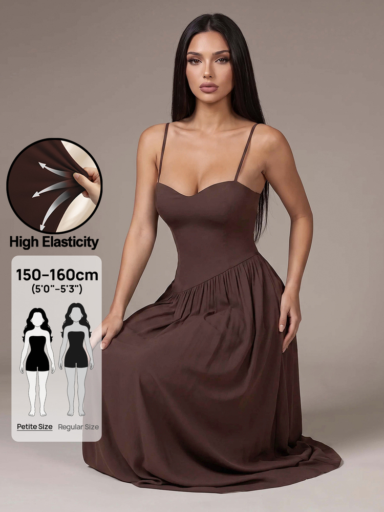 SHEIN PETITE Women's Fashion Versatile Pleated Sexy Elegant Spaghetti Strap Dress For Beach Party And Date Dark Brown Summer - Brown - View 11