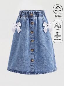 SHEIN Girlism Tween Girl Tween Girls' White Ribbon Bow Blue Denim A-Line Loose Skirt - Blue - View 5