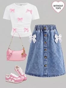 SHEIN Girlism Tween Girl Tween Girls' White Ribbon Bow Blue Denim A-Line Loose Skirt - Blue - View 3