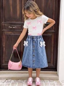 SHEIN Girlism Tween Girl Tween Girls' White Ribbon Bow Blue Denim A-Line Loose Skirt - Blue - View 1