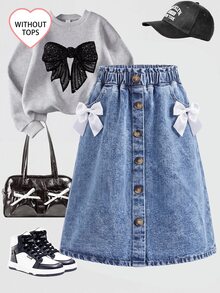SHEIN Girlism Tween Girl Tween Girls' White Ribbon Bow Blue Denim A-Line Loose Skirt - Blue - View 2