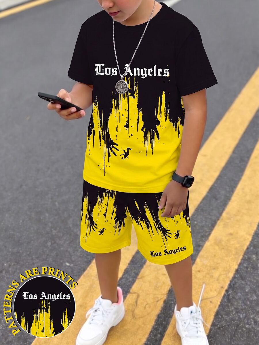 春夏青少年男童休闲时尚创意个性化清新简约洛杉矶黑黄渐变图案字母标语印花休闲基础款短袖T恤和短裤套装，舒适日常穿着 - 彩色 - 查看 1