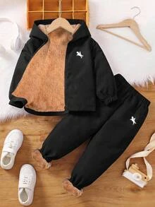 SHEIN 2pcs Kids Toddler Boy Young Coat, Brown Warm Plush Inner Pants Woven Two Pieces Set Suitable For Birthday,Holiday,Mommy And Me,First Day Of School - Black - View 2