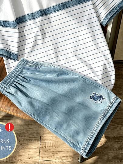 Boys Casual Striped Patchwork Short Sleeve T-Shirt & Shorts 2-Piece Set, Summer New American Retro Pony Embroidery Round Neck Top,School Clothes
