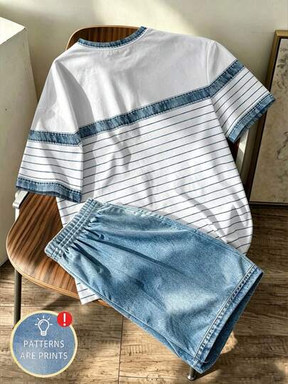 Boys Casual Striped Patchwork Short Sleeve T-Shirt & Shorts 2-Piece Set, Summer New American Retro Pony Embroidery Round Neck Top,School Clothes
