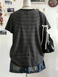 SHEIN Teen Girl Round Neck Striped Casual Versatile Daily Wear T-Shirt - Multicolor - View 2