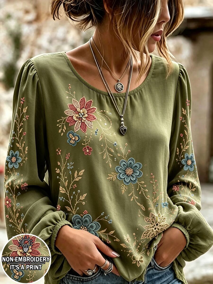 Selamara 女款花卉印花圓領燈籠袖休閒襯衫 - 彩色 - 查看 1