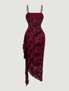 SHEIN MOD Women's Vintage Tie-Dye Butterfly Print Ruched Ruffle Hem Dress, Asymmetrical Hemline Dress - Burgundy - View 4
