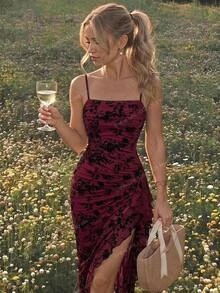 SHEIN MOD Women's Vintage Tie-Dye Butterfly Print Ruched Ruffle Hem Dress, Asymmetrical Hemline Dress - Burgundy - View 2