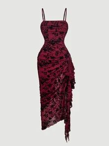 SHEIN MOD Women's Vintage Tie-Dye Butterfly Print Ruched Ruffle Hem Dress, Asymmetrical Hemline Dress - Burgundy - View 3
