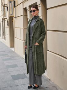 EURMUSE Maxi Cardigan With Belt Outwear Jacket Fall Winter - Green - View 8