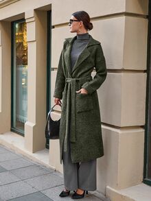 EURMUSE Maxi Cardigan With Belt Outwear Jacket Fall Winter - Green - View 7