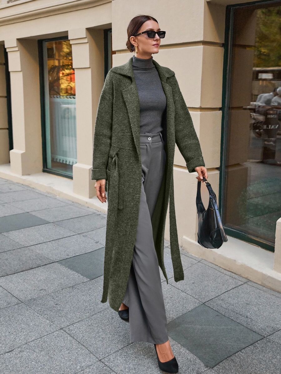 EURMUSE Maxi Cardigan With Belt Outwear Jacket Fall Winter - Green - View 1