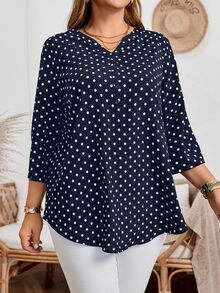 Rosumi Plus Size Women's Casual Polka Dot Print Notched Neck Roll-Up Sleeve Fall Blouse - Navy Blue - View 4