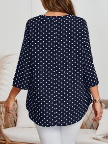 Rosumi Plus Size Women's Casual Polka Dot Print Notched Neck Roll-Up Sleeve Fall Blouse - Navy Blue - View 2