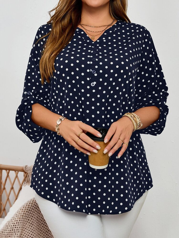 Rosumi Plus Size Women's Casual Polka Dot Print Notched Neck Roll-Up Sleeve Fall Blouse - Navy Blue - View 3