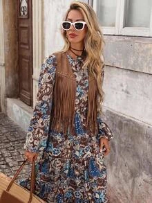 Brillora Women's Autumn Casual Boho Vacation Round Neck Cinched Waist A-Line Bohemian Style Printed Dress Brown Floral Elegant Halloween Country - Multicolor - View 9