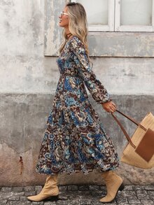 Brillora Women's Autumn Casual Boho Vacation Round Neck Cinched Waist A-Line Bohemian Style Printed Dress Brown Floral Elegant Halloween Country - Multicolor - View 3