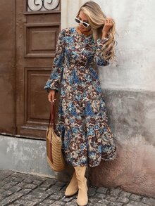 Brillora Women's Autumn Casual Boho Vacation Round Neck Cinched Waist A-Line Bohemian Style Printed Dress Brown Floral Elegant Halloween Country - Multicolor - View 4