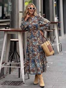 Brillora Women's Autumn Casual Boho Vacation Round Neck Cinched Waist A-Line Bohemian Style Printed Dress Brown Floral Elegant Halloween Country - Multicolor - View 10