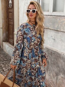 Brillora Women's Autumn Casual Boho Vacation Round Neck Cinched Waist A-Line Bohemian Style Printed Dress Brown Floral Elegant Halloween Country - Multicolor - View 8