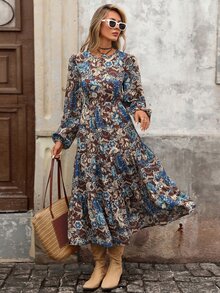 Brillora Women's Autumn Casual Boho Vacation Round Neck Cinched Waist A-Line Bohemian Style Printed Dress Brown Floral Elegant Halloween Country - Multicolor - View 5