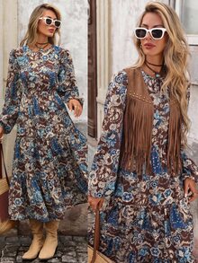 Brillora Women's Autumn Casual Boho Vacation Round Neck Cinched Waist A-Line Bohemian Style Printed Dress Brown Floral Elegant Halloween Country - Multicolor - View 7