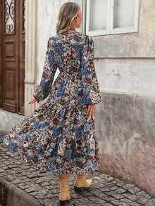 Brillora Women's Autumn Casual Boho Vacation Round Neck Cinched Waist A-Line Bohemian Style Printed Dress Brown Floral Elegant Halloween Country - Multicolor - View 2