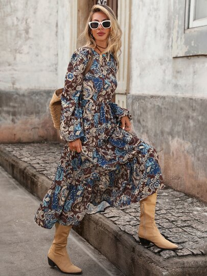 Brillora Women's Autumn Casual Boho Vacation Round Neck Cinched Waist A-Line Bohemian Style Printed Dress Brown Floral Elegant Halloween Country