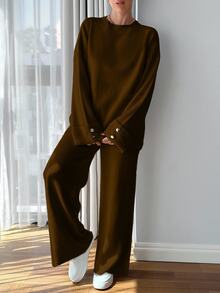 EURMUSE Plus Size Women Solid Color Casual Button Detailed Sweater And Pant Set - Brown - View 8