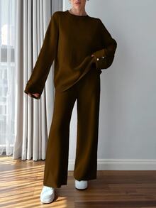 EURMUSE Plus Size Women Solid Color Casual Button Detailed Sweater And Pant Set - Brown - View 4