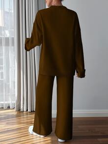 EURMUSE Plus Size Women Solid Color Casual Button Detailed Sweater And Pant Set - Brown - View 2