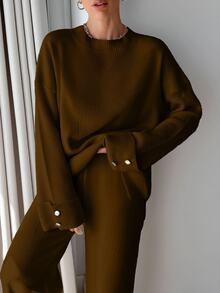 EURMUSE Plus Size Women Solid Color Casual Button Detailed Sweater And Pant Set - Brown - View 9
