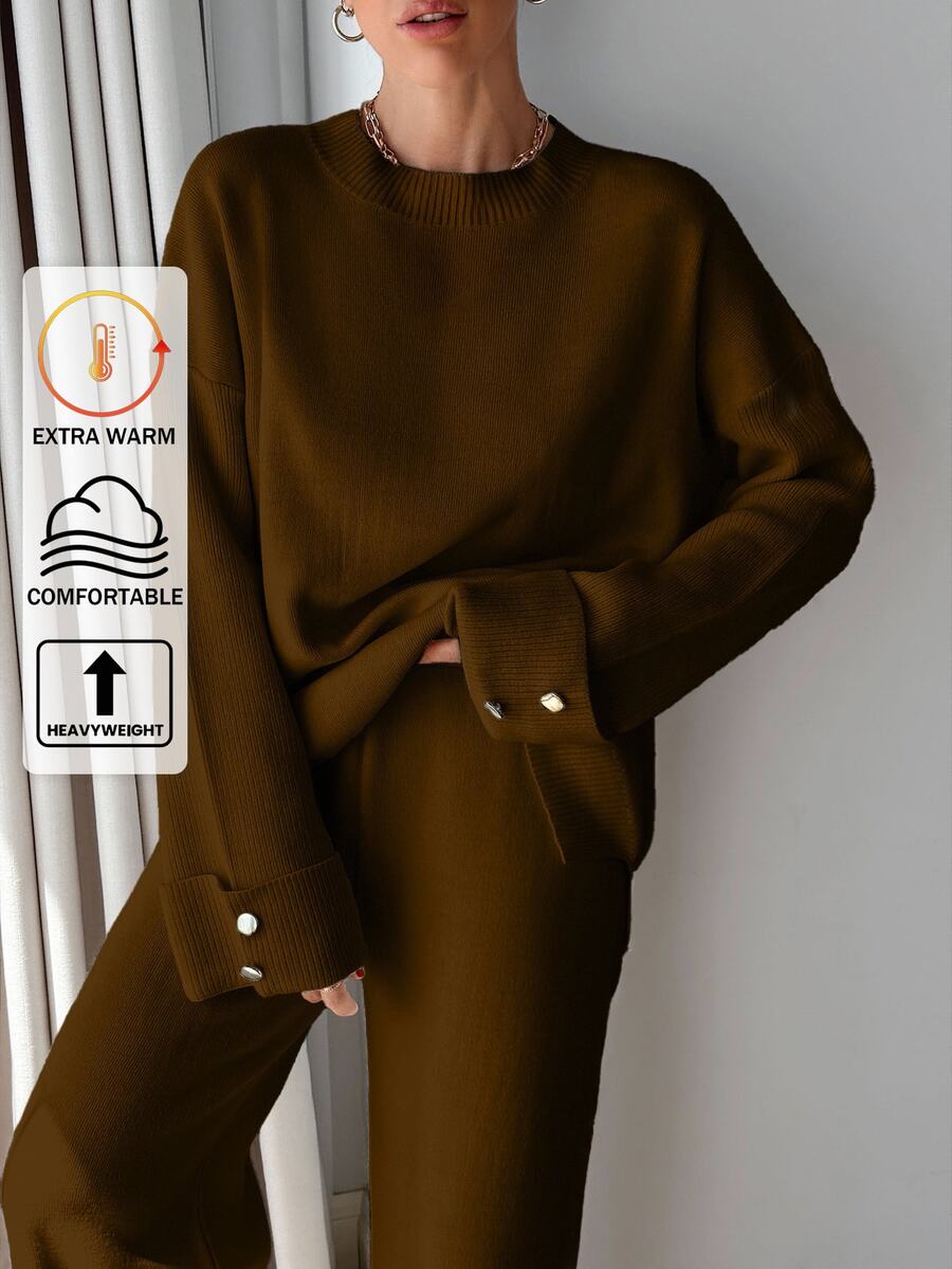 EURMUSE Plus Size Women Solid Color Casual Button Detailed Sweater And Pant Set - Brown - View 1