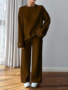 EURMUSE Plus Size Women Solid Color Casual Button Detailed Sweater And Pant Set - Brown - View 6