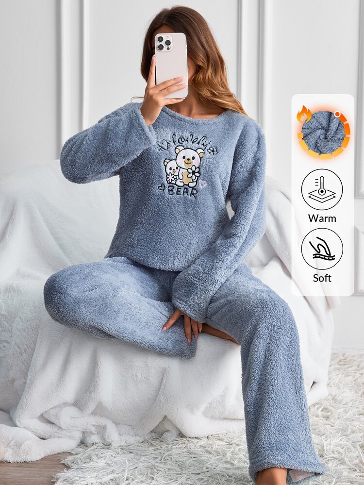 SHEIN Cottnline Lovely Cute Bear Graphic Plush Solid Color Casual Pajama Set - Baby Blue - View 7