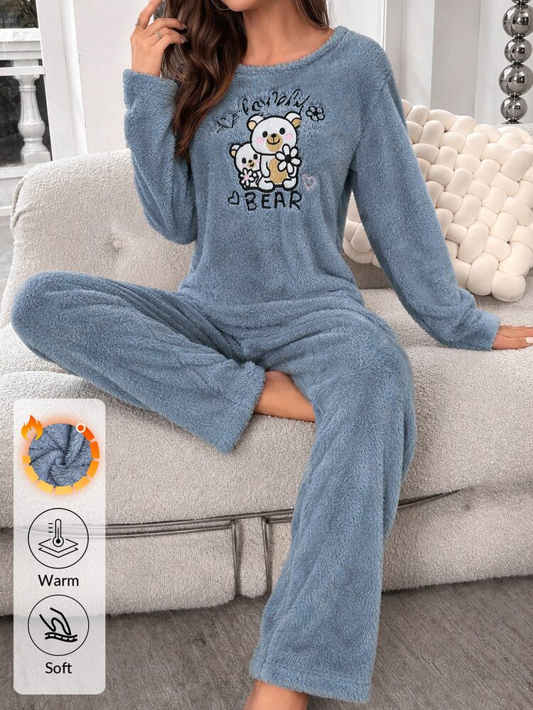 SHEIN Cottnline Lovely Cute Bear Graphic Plush Solid Color Casual Pajama Set - Baby Blue - View 1