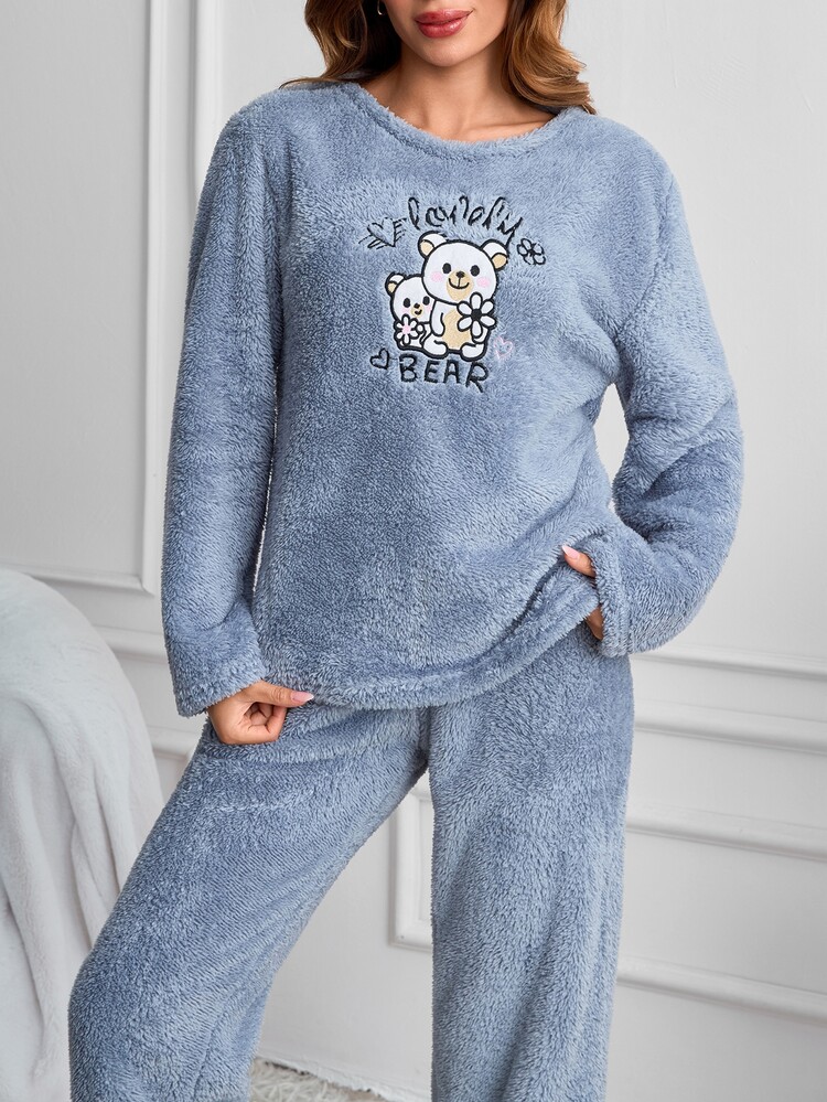 SHEIN Cottnline Lovely Cute Bear Graphic Plush Solid Color Casual Pajama Set - Baby Blue - View 4