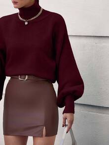 SHEIN Cottnline Plus Size Burgundy Solid Color High Neck Floral Lace Knitted Elegant Long Sleeve Sweater - Burgundy - View 9