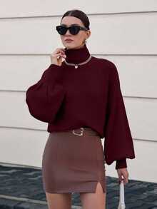 SHEIN Cottnline Plus Size Burgundy Solid Color High Neck Floral Lace Knitted Elegant Long Sleeve Sweater - Burgundy - View 6