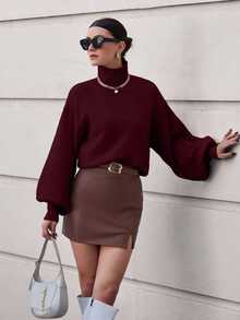 SHEIN Cottnline Plus Size Burgundy Solid Color High Neck Floral Lace Knitted Elegant Long Sleeve Sweater - Burgundy - View 7