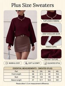 SHEIN Cottnline Plus Size Burgundy Solid Color High Neck Floral Lace Knitted Elegant Long Sleeve Sweater - Burgundy - View 4