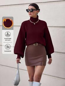 SHEIN Cottnline Plus Size Burgundy Solid Color High Neck Floral Lace Knitted Elegant Long Sleeve Sweater - Burgundy - View 2